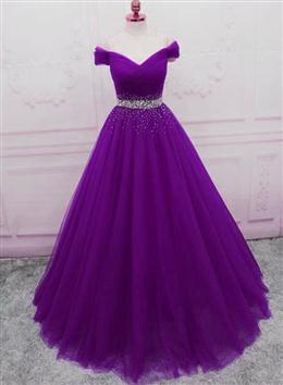 Picture of Pretty Sequins Sweetheart Long Party Dresses, Purple Tulle Evening Gown